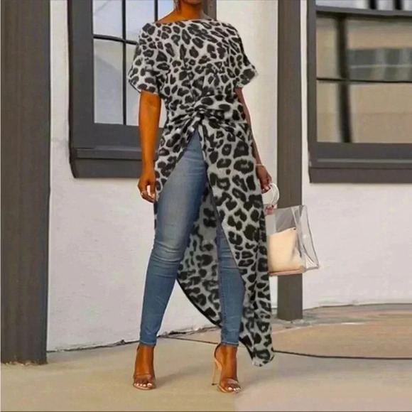 BNWT Leopard Print Asymmetrical High-low Blouse, Gray - Picture 2 of 4